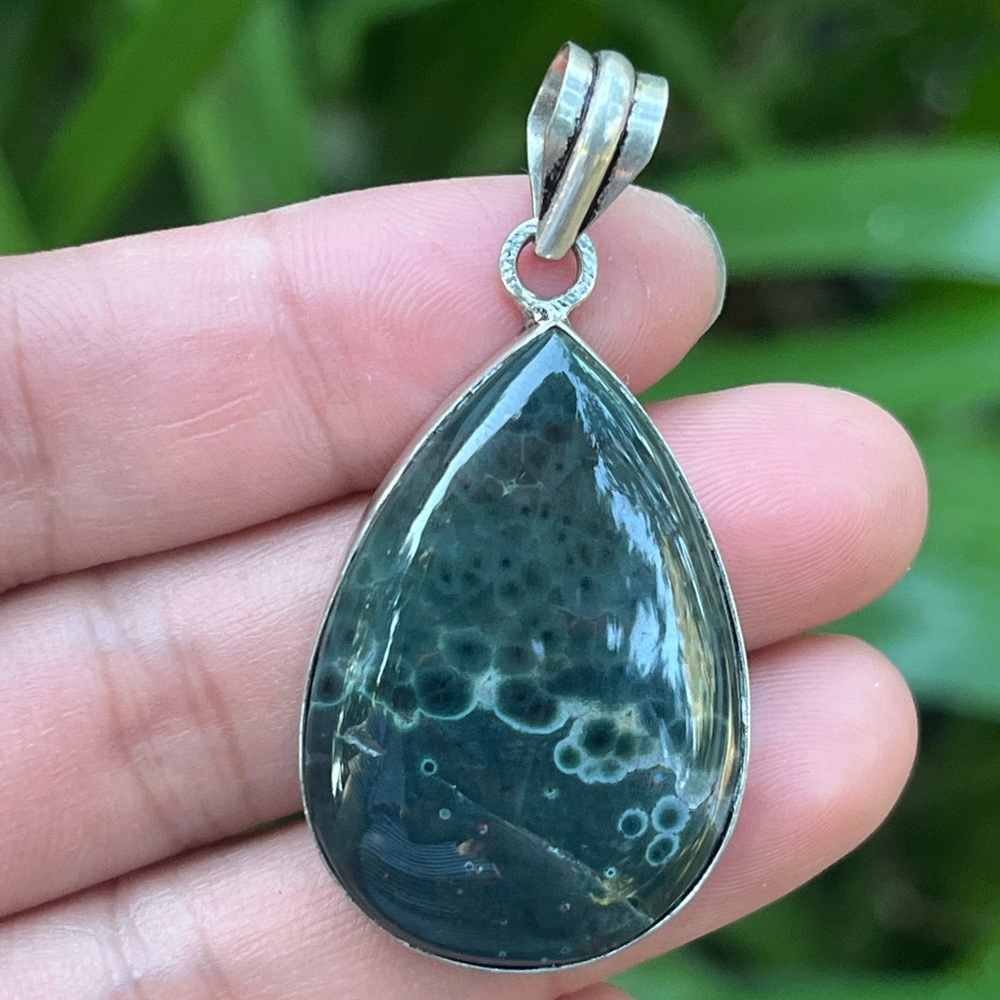 925 silver plated green ocean jasper pendant